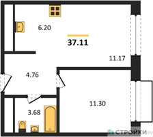 Планировка однокомнатной(квартира) площадью 37.11 квадратных метров в “ЖК Новоград Павлино”