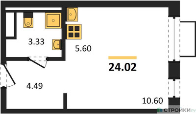 Планировка студии(квартира) площадью 24.02 квадратных метров в ЖК “ЖК Новое Видное”