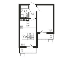 Планировка двухкомнатной(квартира) площадью 48.6 квадратных метров в “ЖК Пироговская Ривьера”