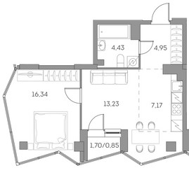 Планировка двухкомнатной(квартира) площадью 47 квадратных метров в ЖК “ЖК Аквилон Beside 2.0”