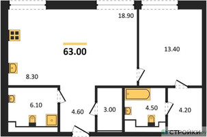 Планировка однокомнатной(квартира) площадью 63 квадратных метров в “ЖК INJOY (Инджой)”