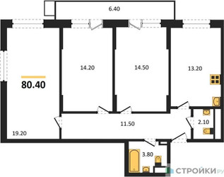 Планировка трехкомнатной(квартира) площадью 80.4 квадратных метров в ЖК “ЖК Пироговская Ривьера”