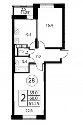Планировка двухкомнатной(квартира) площадью 61.2 квадратных метров в ЖК “ЖК Космос”