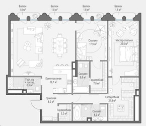 Планировка двухкомнатной(квартира) площадью 165.2 квадратных метров в ЖК “Клубный квартал "Фрунзенская набережная"”