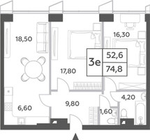 Планировка трехкомнатной(квартира) площадью 74.8 квадратных метров в “ЖК Will Towers (Вилл Тауэрс)”