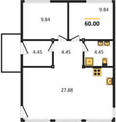 Планировка двухкомнатной(квартира) площадью 60 квадратных метров в ЖК “ЖК Истрагорье”