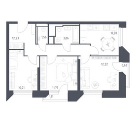 Планировка трехкомнатной(апартаменты) площадью 63.41 квадратных метров в ЖК “ЖК Скай Спутник”