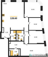 Планировка 4+ комнатной(квартира) площадью 128.6 квадратных метров в “Архитектурный проект U2 (ЮТУ)”