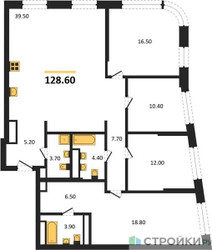 Планировка 4+ комнатной(квартира) площадью 128.6 квадратных метров в ЖК “Архитектурный проект U2 (ЮТУ)”