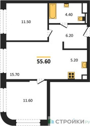 Планировка двухкомнатной(квартира) площадью 55.6 квадратных метров в “ЖК Sokolniki (Сокольники)”