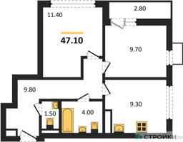 Планировка двухкомнатной(квартира) площадью 47.1 квадратных метров в “ЖК Бунинские кварталы”