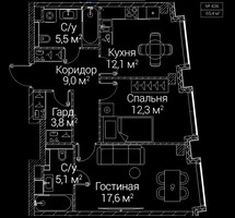 Планировка двухкомнатной(квартира) площадью 65.4 квадратных метров в “ЖК СЕЗАР БУДУЩЕЕ”