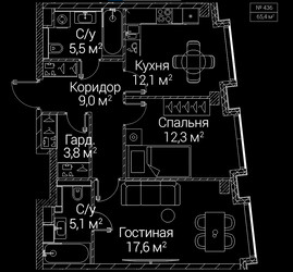 Планировка двухкомнатной(квартира) площадью 65.4 квадратных метров в ЖК “ЖК СЕЗАР БУДУЩЕЕ”