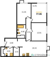 Планировка трехкомнатной(квартира) площадью 77.06 квадратных метров в “ЖК Апарт-отель Тропарево парк”