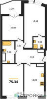 Планировка трехкомнатной(квартира) площадью 75.34 квадратных метров в “ЖК Sezar City (Сезар Сити)”