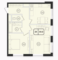 Планировка двухкомнатной(квартира) площадью 61.4 квадратных метров в “ЖК ОМ”
