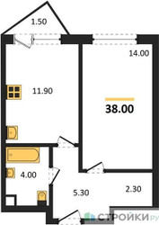 Планировка однокомнатной(квартира) площадью 38 квадратных метров в ЖК “ЖК Sokolinn Park (Соколинн Парк)”