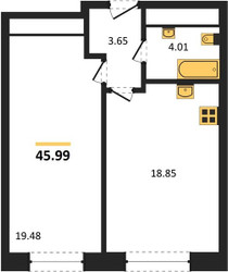 Планировка однокомнатной(квартира) площадью 45.99 квадратных метров в ЖК “ЖК Городские Истории”