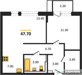 Планировка однокомнатной(квартира) площадью 47.7 квадратных метров в ЖК “ЖК Квартал Западный”
