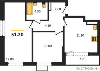 Планировка двухкомнатной(квартира) площадью 51.2 квадратных метров в ЖК “ЖК Прокшино”