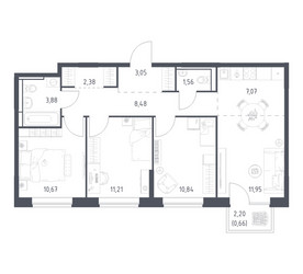 Планировка трехкомнатной(квартира) площадью 71.75 квадратных метров в ЖК “ЖК Богдановский Лес”