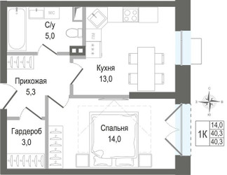 Планировка однокомнатной(квартира) площадью 40.3 квадратных метров в ЖК “ЖК КИНОКВАРТАЛ”