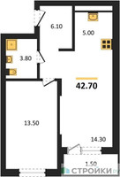 Планировка однокомнатной(апартаменты) площадью 42.7 квадратных метров в “ЖК Равновесие”