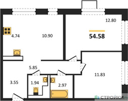 Планировка двухкомнатной(квартира) площадью 54.58 квадратных метров в “ЖК Алхимово”