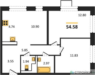 Планировка двухкомнатной(квартира) площадью 54.58 квадратных метров в ЖК “ЖК Алхимово”