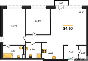 Планировка двухкомнатной(квартира) площадью 84.6 квадратных метров в “ЖК LES”