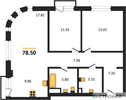 Планировка двухкомнатной(квартира) площадью 78.5 квадратных метров в “ЖК UNO Соколиная гора”