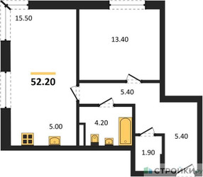 Планировка однокомнатной(квартира) площадью 52.2 квадратных метров в ЖК “ЖК Детали”