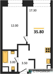 Планировка однокомнатной(квартира) площадью 35.8 квадратных метров в ЖК “ЖК Voice Towers (Войс Тауэрс)”