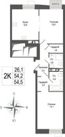 Планировка двухкомнатной(квартира) площадью 54.2 квадратных метров в “ЖК КИНОКВАРТАЛ”
