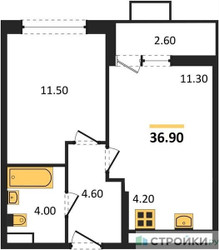 Планировка однокомнатной(квартира) площадью 36.9 квадратных метров в ЖК “ЖК Прокшино”