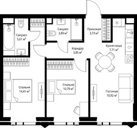 Планировка двухкомнатной(квартира) площадью 60.91 квадратных метров в ЖК “ЖК Джойс”