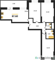 Планировка трехкомнатной(квартира) площадью 87.6 квадратных метров в “ЖК Рассказово”