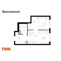 Планировка однокомнатной(квартира) площадью 33.9 квадратных метров в “ЖК Ярославский”