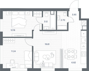 Планировка двухкомнатной(квартира) площадью 59.78 квадратных метров в ЖК “ЖК TATE (Тэйт)”