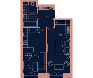 Планировка двухкомнатной(квартира) площадью 49 квадратных метров в ЖК “Квартал Эра”