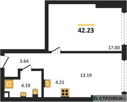 Планировка однокомнатной(квартира) площадью 42.23 квадратных метров в “ЖК Солос”