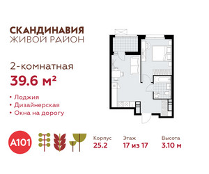 Планировка двухкомнатной(квартира) площадью 39.6 квадратных метров в ЖК “ЖК Скандинавия”