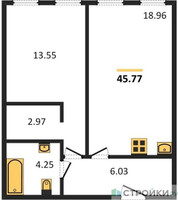 Планировка однокомнатной(апартаменты) площадью 45.77 квадратных метров в “ЖК Insider (Инсайдер)”
