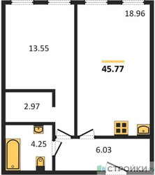 Планировка однокомнатной(апартаменты) площадью 45.77 квадратных метров в ЖК “ЖК Insider (Инсайдер)”