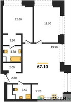 Планировка двухкомнатной(квартира) площадью 67.1 квадратных метров в “ЖК Upside Towers (Апсайд Тауэрс)”
