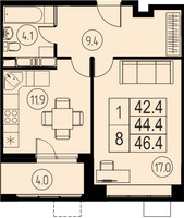 Планировка однокомнатной(квартира) площадью 44.3 квадратных метров в “ЖК Ривер-Парк”