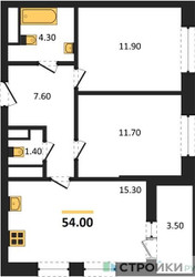 Планировка двухкомнатной(квартира) площадью 54 квадратных метров в ЖК “ЖК Одинцовские кварталы”