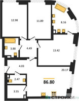 Планировка трехкомнатной(квартира) площадью 86.8 квадратных метров в “ЖК "Гранд Фили"”