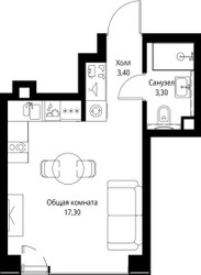 Планировка студии(квартира) площадью 24 квадратных метров в ЖК “ЖК Веер”