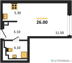 Планировка студии(квартира) площадью 26 квадратных метров в ЖК “ЖК INJOY (Инджой)”